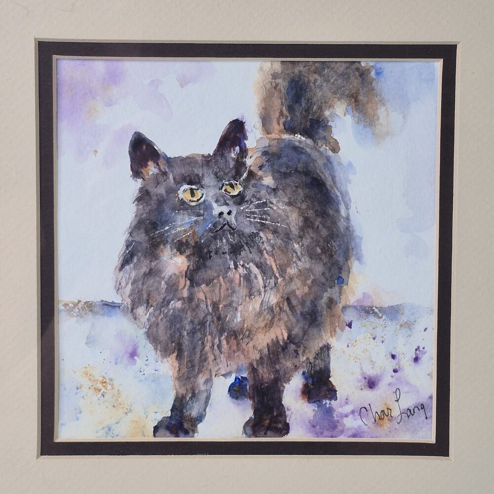 Char Lang Original Watercolor 'Black Cat' Wet On Wet Art Signed Double Mat Frame